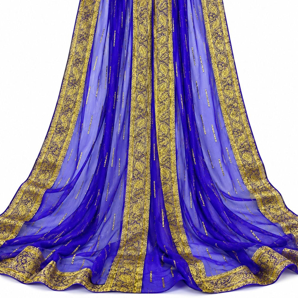 Blåviolet lurex chiffonsilk med gyllene ränder och fyra breda guldborter – hängande i mjuka veck (bild 2 av 3)