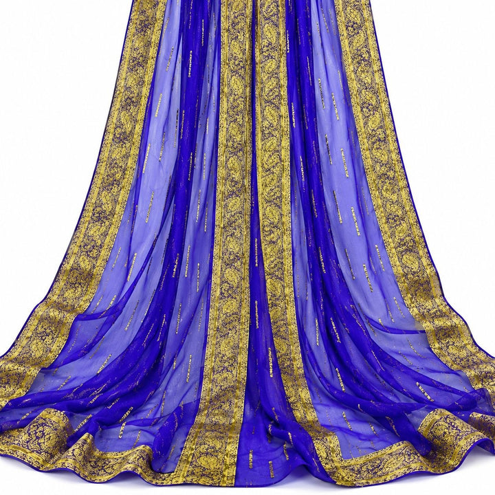 Blåviolet lurex chiffonsilk med gyllene ränder och fyra breda guldborter – hängande i mjuka veck (bild 2 av 3)