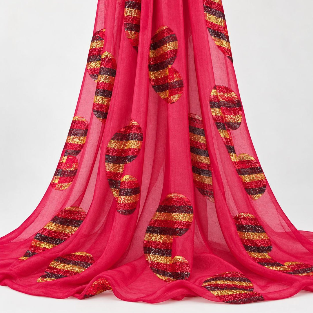 Fuchsia lurex chiffonsilk med flerfärgade randiga paisleymotiv – hängande i mjuka veck på vit bakgrund (bild 2 av 3)