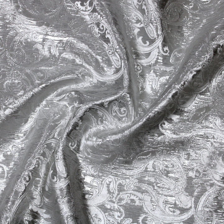 SØLV SATIN JACQUARD STOF MED BLOMSTERRANKER