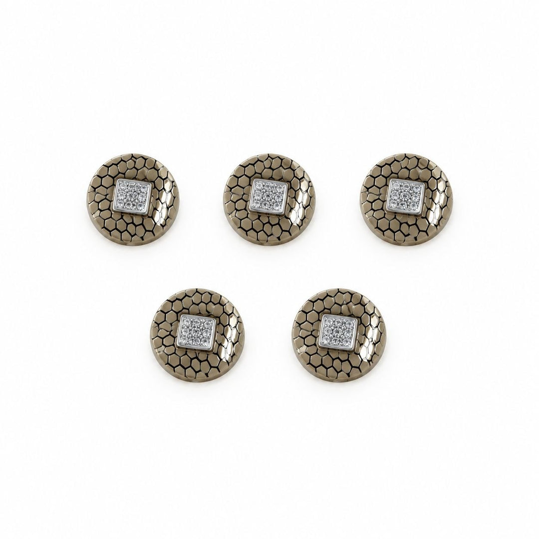 BEIGE/TAUPE KNAPPER MED SORT MØNSTER OG SØLV GLIMMER 5 STK.