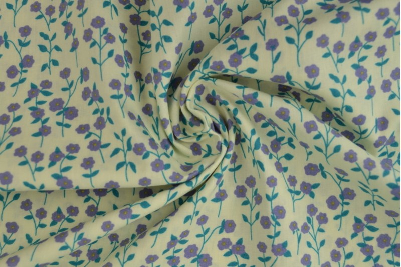 GRÅ BOMULDSPOPLIN MED DITSY BLOMSTERPRINT – BLÅ & GUL