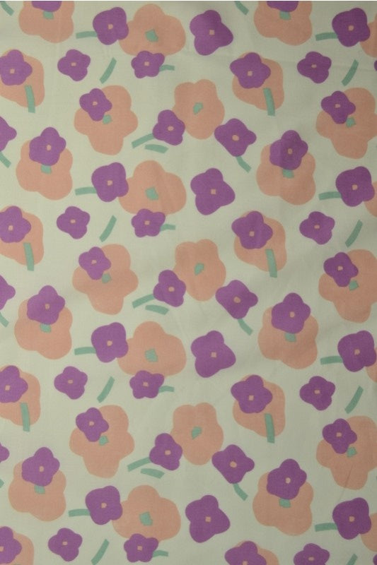LYSEGRØN BOMULDSPOPLIN MED BLOMSTERPRINT – FERSKEN & LILLA
