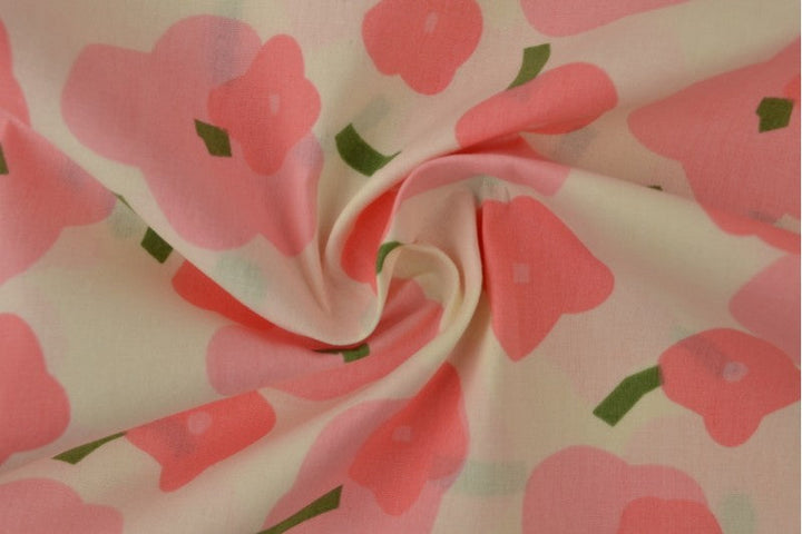 CREME BOMULDSPOPLIN MED VALMUEPRINT – PINK & GRØN