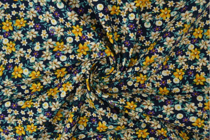 MARINEBLÅ BOMULDSPOPLIN MED MULTIFARVET DITSY BLOMSTERPRINT