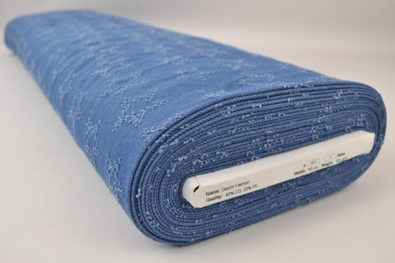 LJUSBLÅ DENIMTYG MED STJÄRNMÖNSTER – METERVARA TILL BYXOR & JACKOR