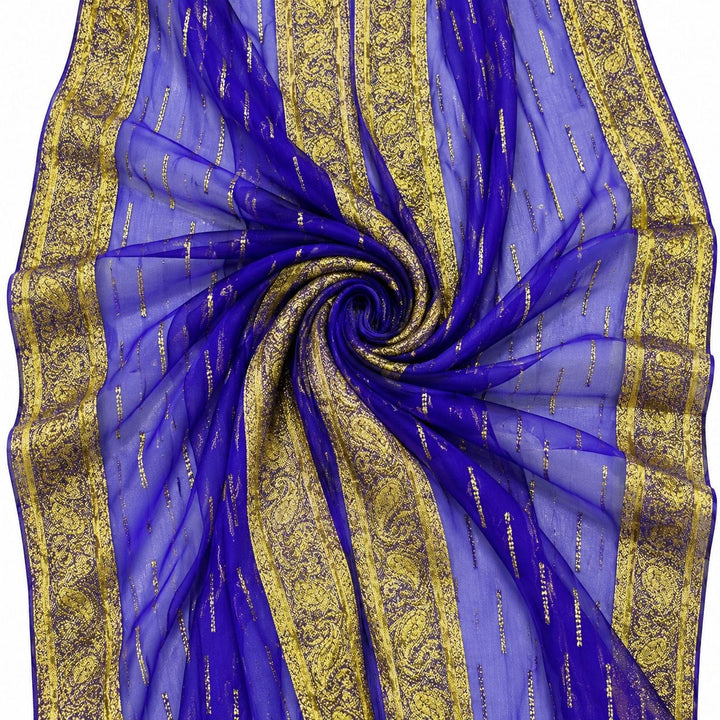 Blåviolet lurex chiffonsilk med gyllene ränder och guldborter – tyget format som en spiral (bild 1 av 3)
