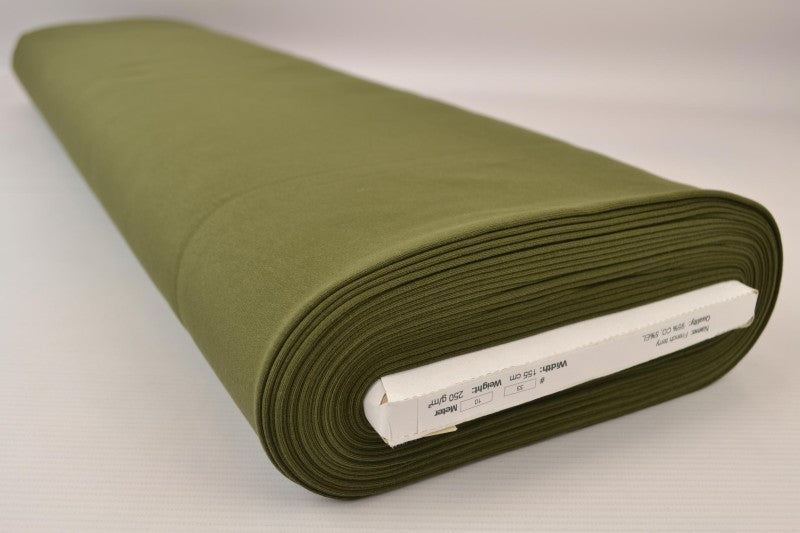 MOSGRÖN FRENCH TERRY – MJUK BOMULLSSTICKAD METERVARA MED STRETCH