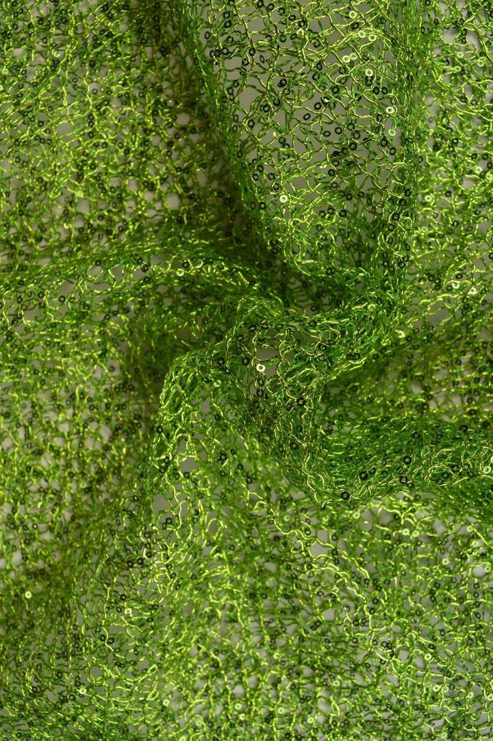 LIMEGRÖN TRANSPARENT NÄTPALJETT TYG – SMÅ 2–3 MM PALJETTER, UTAN STRETCH