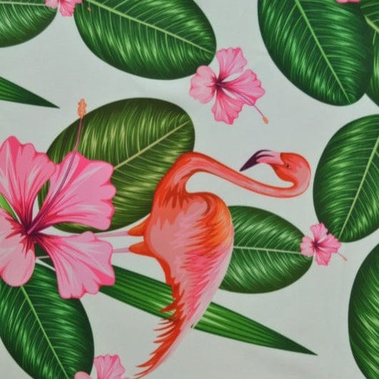 Garn & Metervarer WT Lycra print LYCRA MED FLAMINGO OG LYSERØDE BLOMSTER