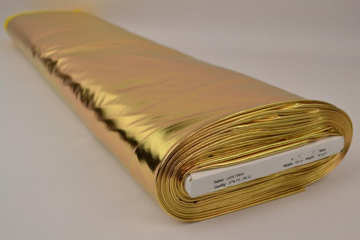 GULDFÄRGAT LAMÉTYG MED STRETCH – METALLIC GLITTERTYG