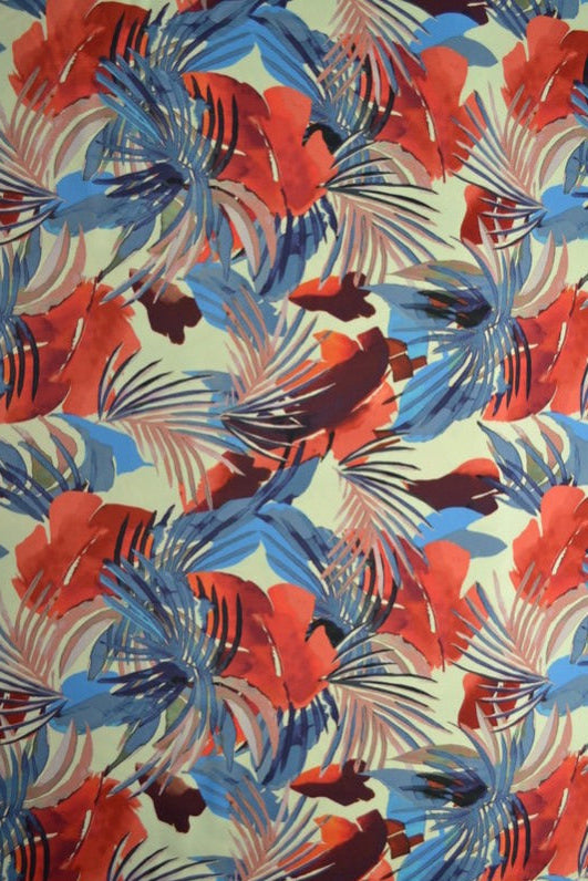 LJUS LYCRA TYG FÖR BADKLÄDER OCH SPORTKLÄDER MED RÖD OCH BLÅ BOTANISK TRYCK