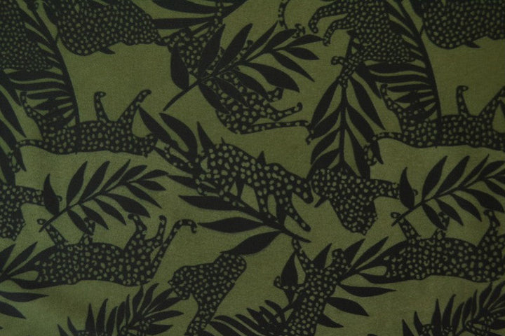 GRÖNT LYCRA TYG FÖR BADKLÄDER OCH SPORTKLÄDER MED LEOPARD- OCH PALMTRYCK