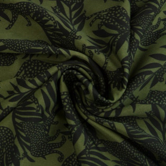 GRÖNT LYCRA TYG FÖR BADKLÄDER OCH SPORTKLÄDER MED LEOPARD- OCH PALMTRYCK