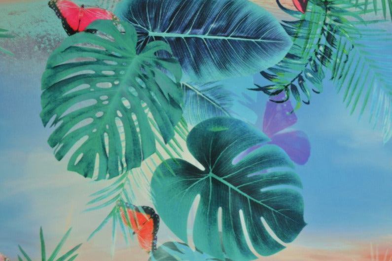 BLÅ LYCRA TYG FÖR BADKLÄDER OCH SPORTKLÄDER MED BLAD OCH FJÄRILSMÖNSTER