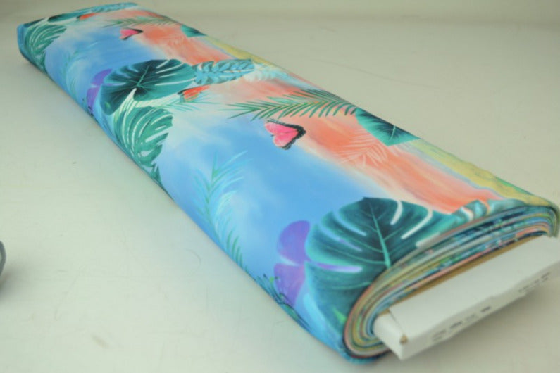 BLÅ LYCRA TYG FÖR BADKLÄDER OCH SPORTKLÄDER MED BLAD OCH FJÄRILSMÖNSTER