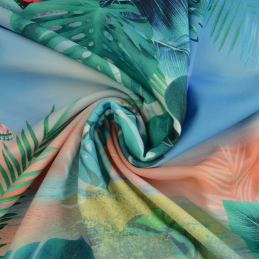 BLÅ LYCRA TYG FÖR BADKLÄDER OCH SPORTKLÄDER MED BLAD OCH FJÄRILSMÖNSTER