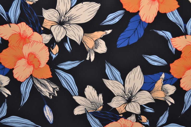 SVART LYCRA TYG FÖR BADKLÄDER OCH SPORTKLÄDER MED TROPISKT BLOMMÖNSTER