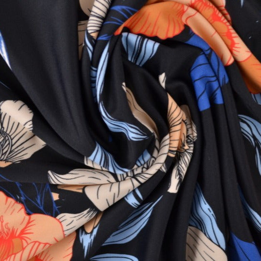 SVART LYCRA TYG FÖR BADKLÄDER OCH SPORTKLÄDER MED TROPISKT BLOMMÖNSTER