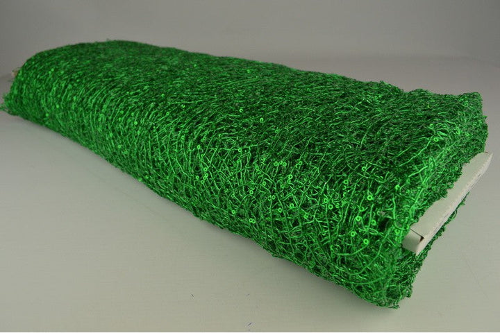 GRÖN TRANSPARENT NÄTPALJETT TYG – SMÅ 2–3 MM PALJETTER, UTAN STRETCH