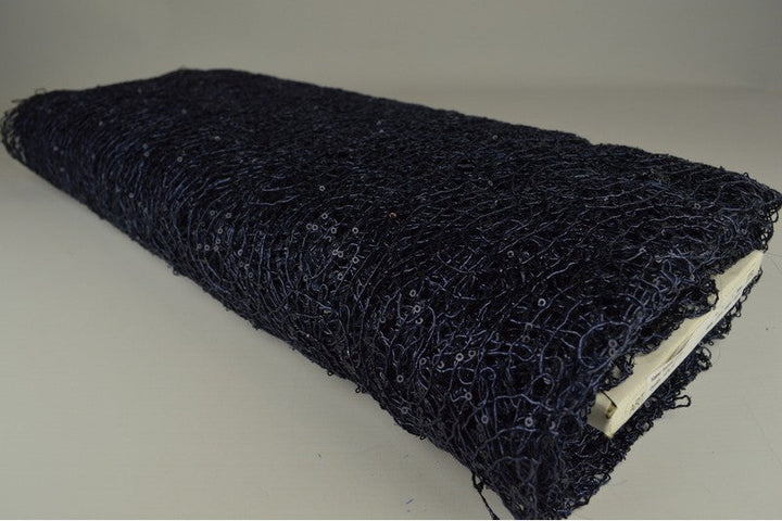 NAVY TRANSPARENT NÄTPALJETT TYG – SMÅ 2–3 MM PALJETTER, UTAN STRETCH