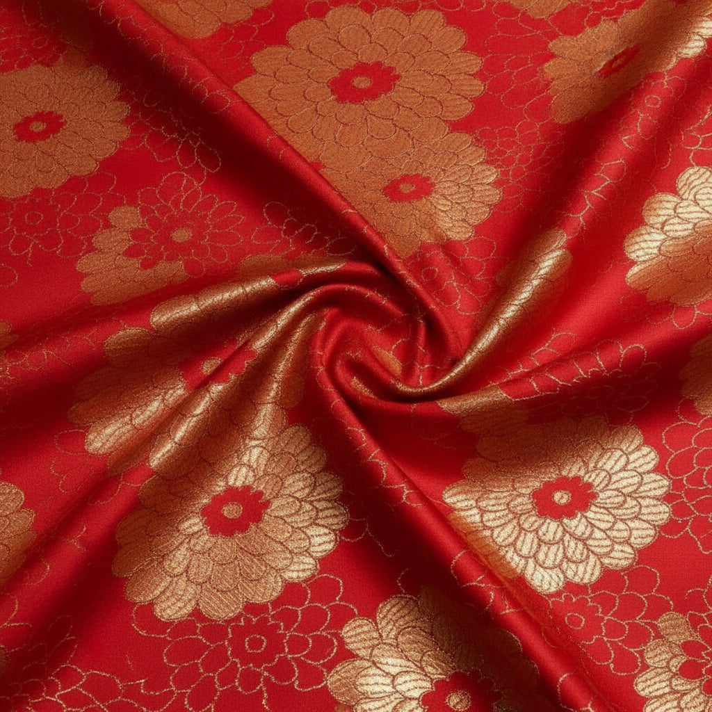 RÖD SATIN JACQUARD TYG MED RINGBLOMMOR (bild 2 av 3)