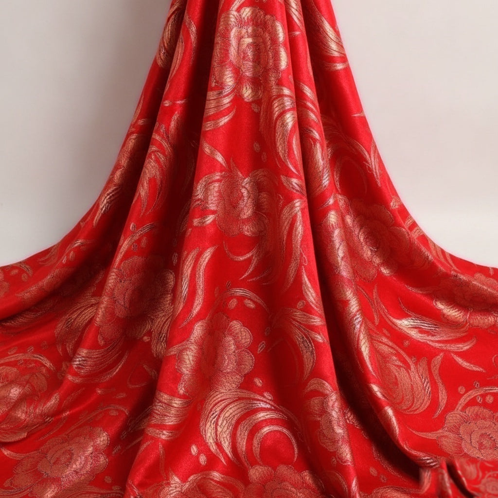 RÖD SATIN JACQUARD TYG MED BLOMMOR (bild 2 av 3)