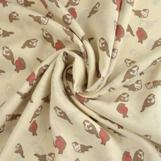 RÅVITT VISCOSETYG MED SPARV OCH RÖDKÄRVE TRYCK