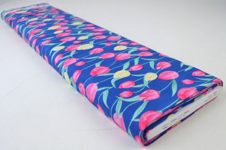 BLÅTT VISCOSETYG MED TULIPAN TRYCK