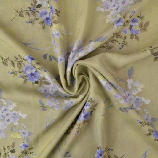 VINTAGE GRÖNT VISCOSETYG MED LILA BLOMMOR - DIGITAL TRYCK