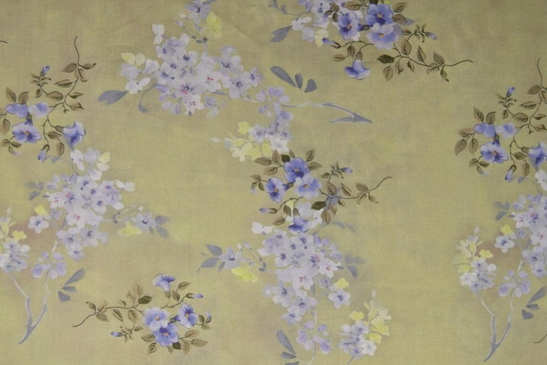 VINTAGE GRÖNT VISCOSETYG MED LILA BLOMMOR - DIGITAL TRYCK