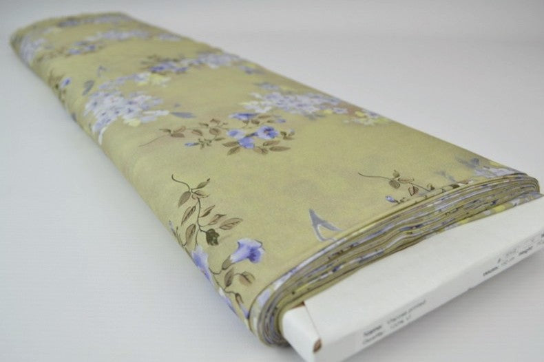 VINTAGE GRÖNT VISCOSETYG MED LILA BLOMMOR - DIGITAL TRYCK