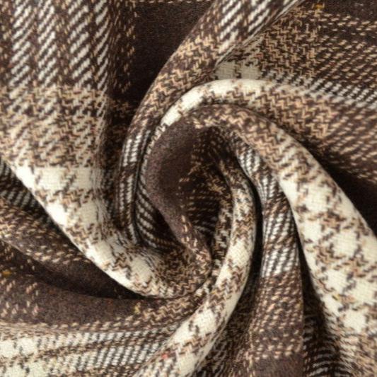 BRUN ULL/POLYESTER TYG MED RUTOR OCH TWEEDSTRUKTUR