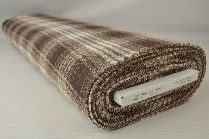 BRUN ULL/POLYESTER TYG MED RUTOR OCH TWEEDSTRUKTUR
