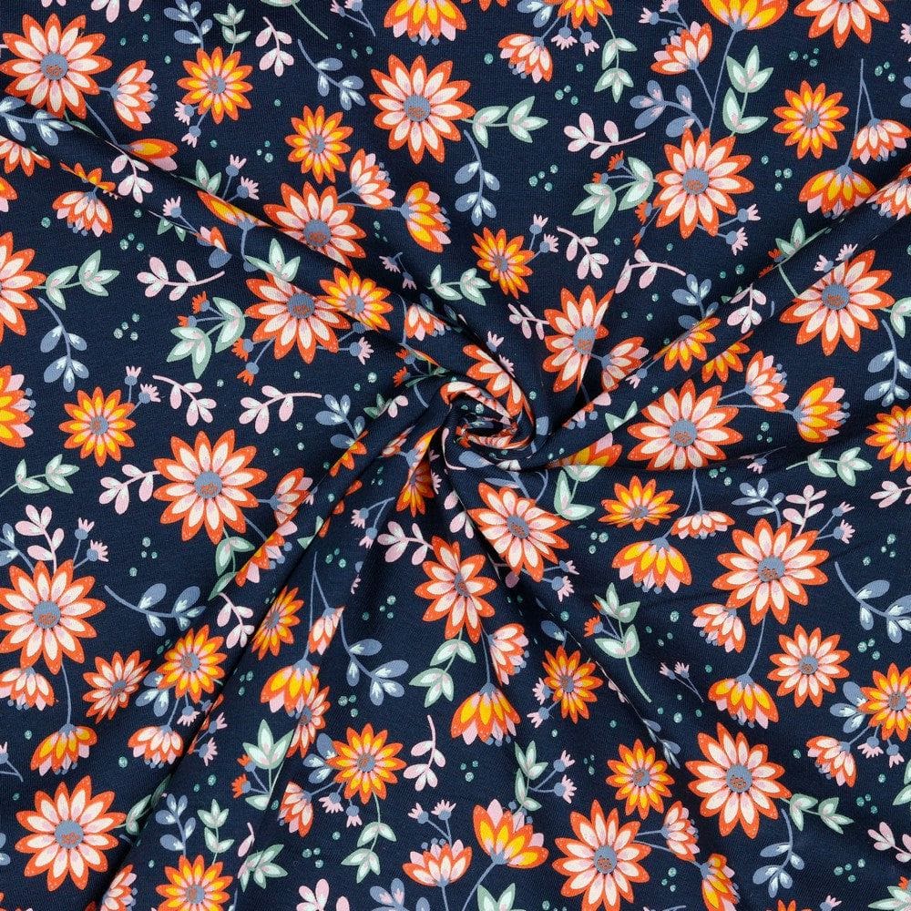 Garn & Metervarer Økologisk Bomuldsjersey Print ØKO BOMULDSJERSEY NAVY MED BLOMSTER