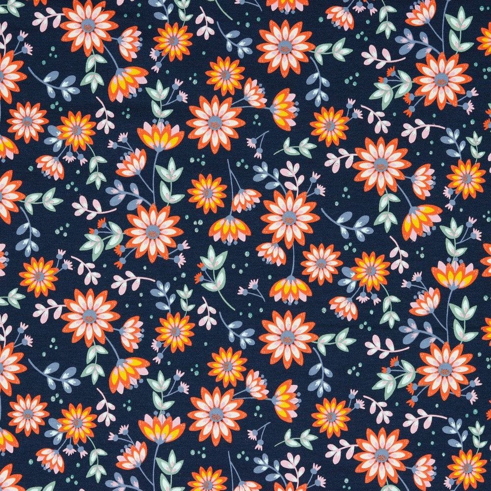 Garn & Metervarer Økologisk Bomuldsjersey Print ØKO BOMULDSJERSEY NAVY MED BLOMSTER